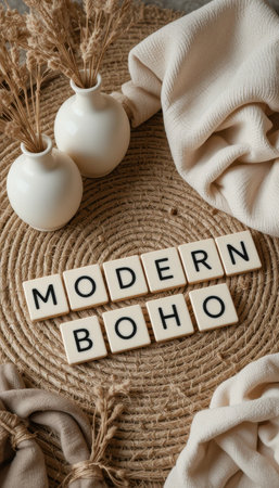 An artistic arrangement showcasing modern boho decor with natural elements, highlighting stylish vases and textiles for a cozy, inviting atmosphere.の素材