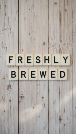 A charming display of the phrase "Freshly Brewed" created with letter tiles set against a rustic wooden background, perfect for coffee lovers.の素材