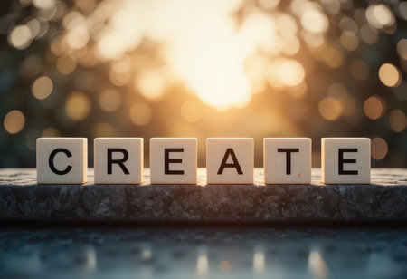 A captivating arrangement of wooden blocks spelling "CREATE," illuminated by soft sunset light, inspiring creativity and positivity in a serene backdrop.の素材