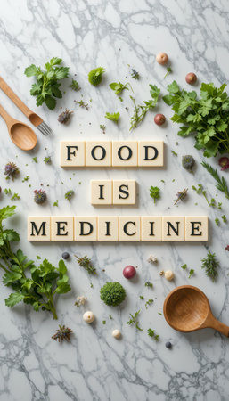 An inspiring flat lay of fresh herbs and spices arranged around letters spelling 'Food is Medicine,' highlighting the importance of nutrition in a healthy lifestyle.の素材