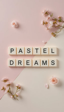 This delightful image features pastel-colored backgrounds, floral accents, and letter tiles spelling "Pastel Dreams." Ideal for floral, art, or home decor projects.の素材