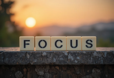 A captivating image featuring the word "FOCUS" spelled out with blocks, set against a stunning sunset backdrop. Perfect for themes of clarity and motivation.の素材