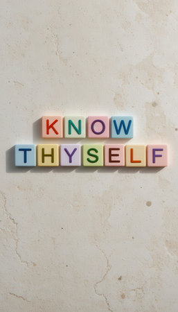 Vibrant plastic letter blocks arranged to spell "Know Thyself" on a textured surface, conveying a message of self-awareness and personal growth. Perfect for educational themes.の素材
