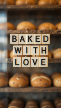 A charming display featuring a sign that reads 'Baked with Love' in a cozy bakery setting, surrounded by an array of fresh baked goods, highlighting warmth and care in every bite.の素材