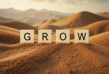 This artistic image features the word "GROW" spelled out in letter blocks nestled in warm desert sand, symbolizing growth and inspiration amidst a tranquil landscape.の素材