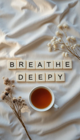 A tranquil scene featuring a cup of tea and a motivational message encouraging deep breaths. Perfect for promoting relaxation and self-care.の素材