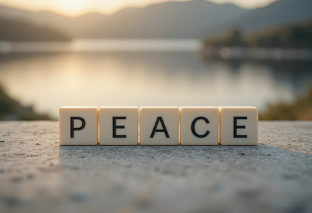 The image showcases the word "PEACE" formed by letter blocks, set against a breathtaking background of mountains and calm water, symbolizing tranquility.の素材