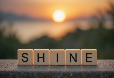 A serene sunset scene featuring the word "SHINE" in block letters. The warm colors of the sky create an inspiring backdrop, perfect for motivational themes.の素材