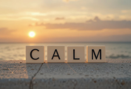 A picturesque sunset scene with letter blocks spelling 'CALM' on a beach. The warm hues of the sky reflect tranquility, perfect for relaxation and inspiration.の素材