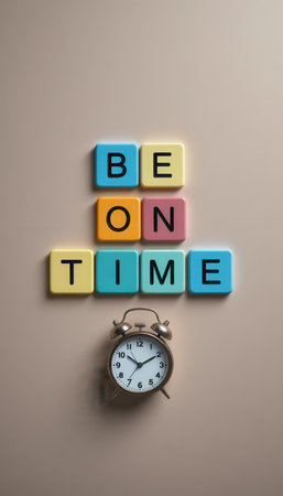 This creative image features colorful alphabet blocks conveying the message "Be On Time" alongside a vintage alarm clock, symbolizing punctuality and organization.の素材