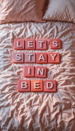 A cozy bedroom scene featuring pastel bedding and motivational letters arranged on the bed. Perfect for themes of relaxation, comfort, and serenity.の素材