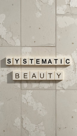 This image showcases the phrase "Systematic Beauty" featuring bold letter tiles arranged on a textured surface, emphasizing modern design and minimalistic aesthetics, ideal for creative projects.の素材