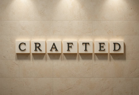 This image showcases elegantly crafted letters spelling "CRAFTED" on a textured wall. The warm lighting enhances the minimalist design, creating a serene ambiance suitable for various interior styles.の素材