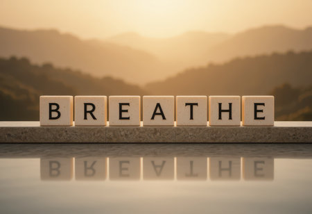 A serene sunset view features wooden blocks arranging the word "Breathe," symbolizing relaxation and mindfulness in nature's beauty, perfect for inspiration.の素材