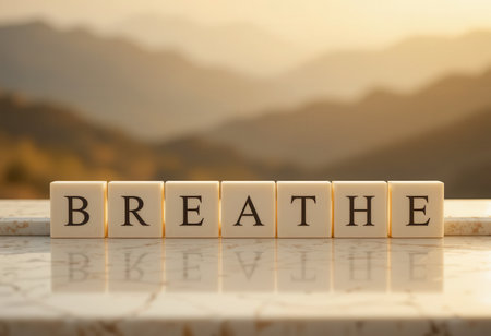 Elegant wooden blocks spell the word "Breathe" against a serene mountain backdrop. This image captures the essence of tranquility and mindfulness, promoting relaxation.の素材
