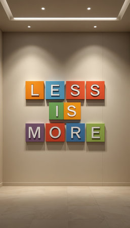 This vibrant wall art features the motivational phrase "Less is More," presented in colorful tiles, perfect for modern interiors seeking a touch of inspiration.の素材