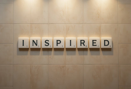 A creative wall decor piece featuring the word "INSPIRED" on light tiles. This artwork adds a motivational touch to any space, perfect for homes or offices.の素材