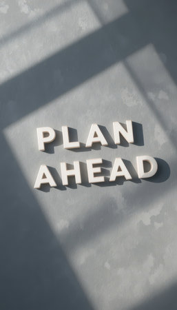 The image features the motivational phrase "Plan Ahead," crafted from bold letters on a gray surface, enhanced by dynamic shadows to evoke inspiration and focus.の素材