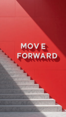 A vibrant red wall features the encouraging message "Move Forward" above minimalist stairs, creating a dynamic visual ideal for inspiration and motivation.の素材