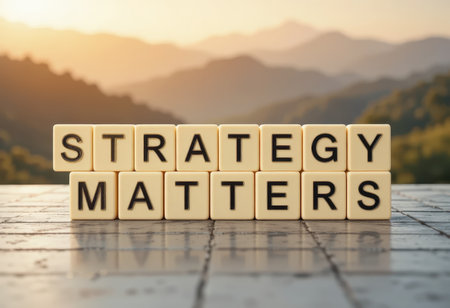 This image showcases the significance of strategy in achieving business goals, with blocks spelling out "Strategy Matters" against a serene mountain backdrop.の素材