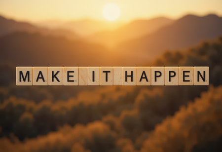 Captivating image of the phrase "Make It Happen" formed with wooden blocks, set against a warm sunset backdrop, symbolizing motivation and potential.の素材