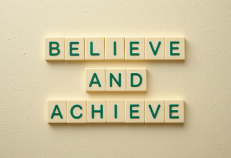 A creative arrangement of letters spelling "Believe and Achieve" serves as a powerful reminder of the importance of mindset in achieving personal success and growth.の素材