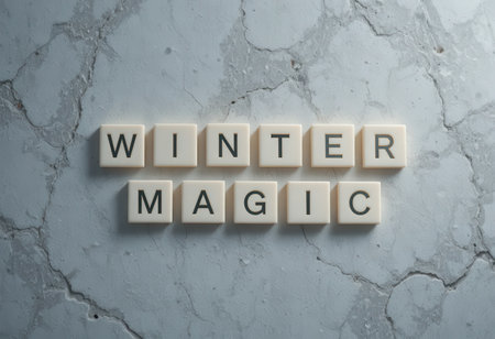 Charming composition of the words "Winter Magic" crafted from letter tiles on a smooth marble background, evoking cozy and festive feelings during the winter season.の素材