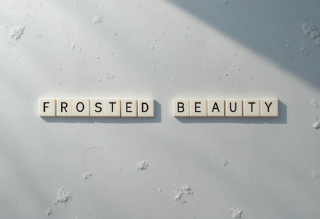 An artistic arrangement of text tiles spelling "Frosted Beauty" against a light gray background, capturing a minimalist aesthetic with soft shadows and textures.の素材