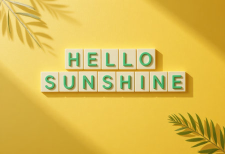 A vibrant arrangement of colorful letters spelling "Hello Sunshine" on a bright yellow background, creating a cheerful and inviting atmosphere. Perfect for summer themes.の素材