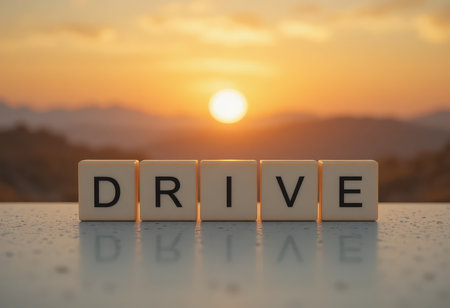 A beautiful sunset scene featuring blocks that spell out "DRIVE" on a reflective table surface. This image conveys motivation and inspiration, perfect for themes of adventure and personal growth.の素材