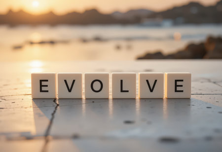 Inspirational image depicting the word "Evolve" crafted from wooden blocks, set against a tranquil beach sunset, symbolizing growth and transformation.の素材