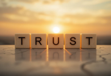 A serene image depicting the word "Trust" created with wooden blocks under a beautiful sunset. This visual symbolizes confidence, integrity, and strong relationships, perfect for various themes.の素材