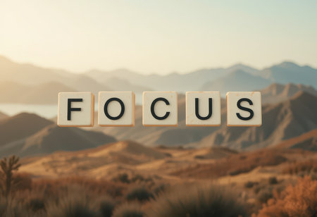 A tranquil mountain landscape at sunset with the word "FOCUS" displayed using letter blocks, creating a serene and motivational atmosphere for personal growth and inspiration.の素材