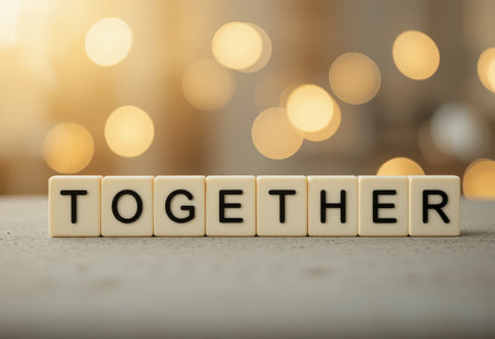 The image features the word "TOGETHER" spelled out with cubes, set against a softly lit background. This symbolizes unity and connection, perfect for themes of love and collaboration.の素材