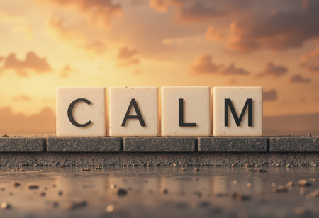 Serene sunset scene featuring letter blocks spellingの素材