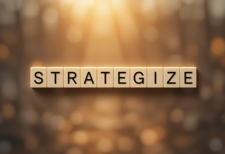 The image captures the word "Strategize" formed by wooden blocks, symbolizing planning and creativity in personal and professional endeavors.の素材
