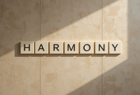 Capture the essence of tranquility and balance with the word "Harmony" displayed in elegant wooden blocks against a softly lit wall, perfect for modern interior decor.の素材