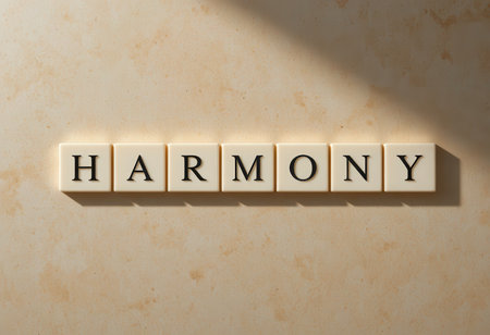 This image showcases the word "HARMONY" arranged with letter tiles on a subtly textured background, emphasizing concepts of balance and unity in design and expression.の素材