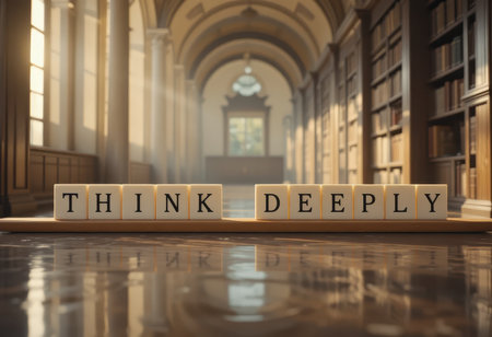 A captivating image of a library interior highlighting the phrase "Think Deeply" on wooden blocks. It evokes inspiration, knowledge, and reflection in a tranquil environment.の素材