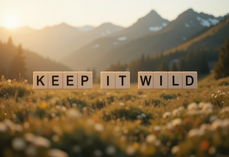 A beautiful sunset casts a warm glow on letters that spell 'KEEP IT WILD' amidst a lush field in the mountains, inviting viewers to embrace nature.の素材