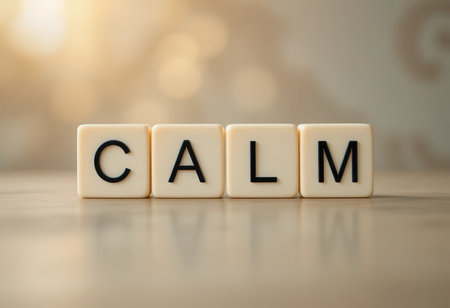 The image features the word "CALM" displayed on smooth blocks against a softly blurred background, conveying tranquility and peace. Ideal for wellness themes.の素材