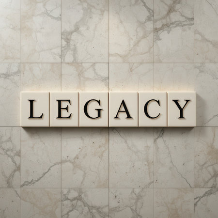 This image features letter blocks spelling the word "LEGACY" on a beautiful marble surface, conveying themes of tradition, heritage, and timeless values in a minimalist style.の素材