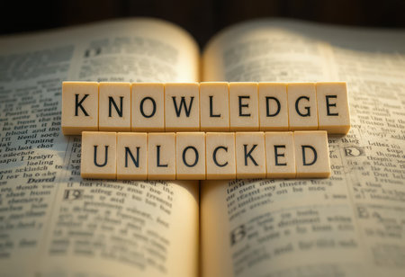 A captivating image featuring wooden blocks spelling "Knowledge Unlocked" on an open book, symbolizing the journey of learning and insight.の素材