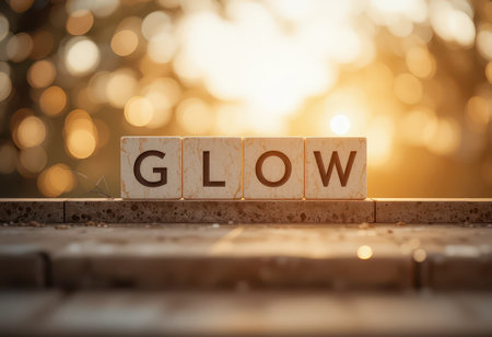 A beautiful arrangement of letter blocks spelling "GLOW" captures the warm sunlight backdrop, creating a serene and inviting atmosphere perfect for inspiration.の素材