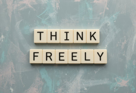 This image features letter tiles arranged to spell "Think Freely" against a colorful background. It embodies creativity, freedom, and inspiration, ideal for motivational themes.の素材