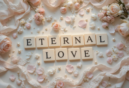 A beautiful arrangement featuring scrabble letters spelling "ETERNAL LOVE," surrounded by delicate flowers, pearls, and soft fabrics, perfect for romantic themes.の素材