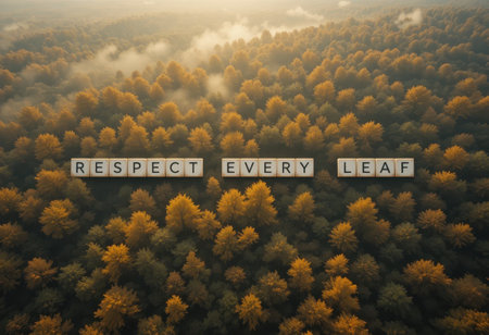 Aerial view of a stunning autumn forest filled with vibrant foliage. Large letters spell out "Respect Every Leaf," emphasizing the beauty and importance of nature.の素材
