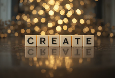 Stylish image of wooden blocks spelling "create" on a reflective surface, with a warm bokeh background. Perfect for concepts of inspiration and creativity.の素材
