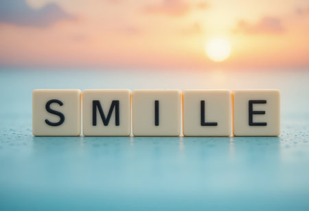 A serene image of the word 'SMILE' depicted with block letters against a stunning sunset backdrop, evoking feelings of joy and positivity.の素材