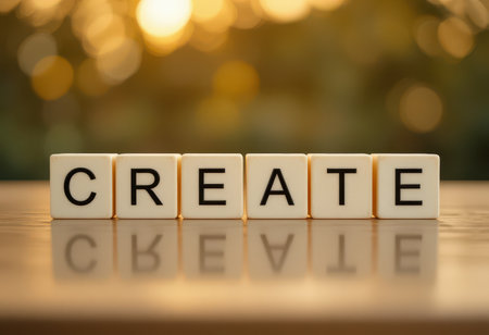 A captivating image of the word "CREATE" displayed with wooden blocks against a soft bokeh background. Perfect for inspiring creativity and motivation.の素材
